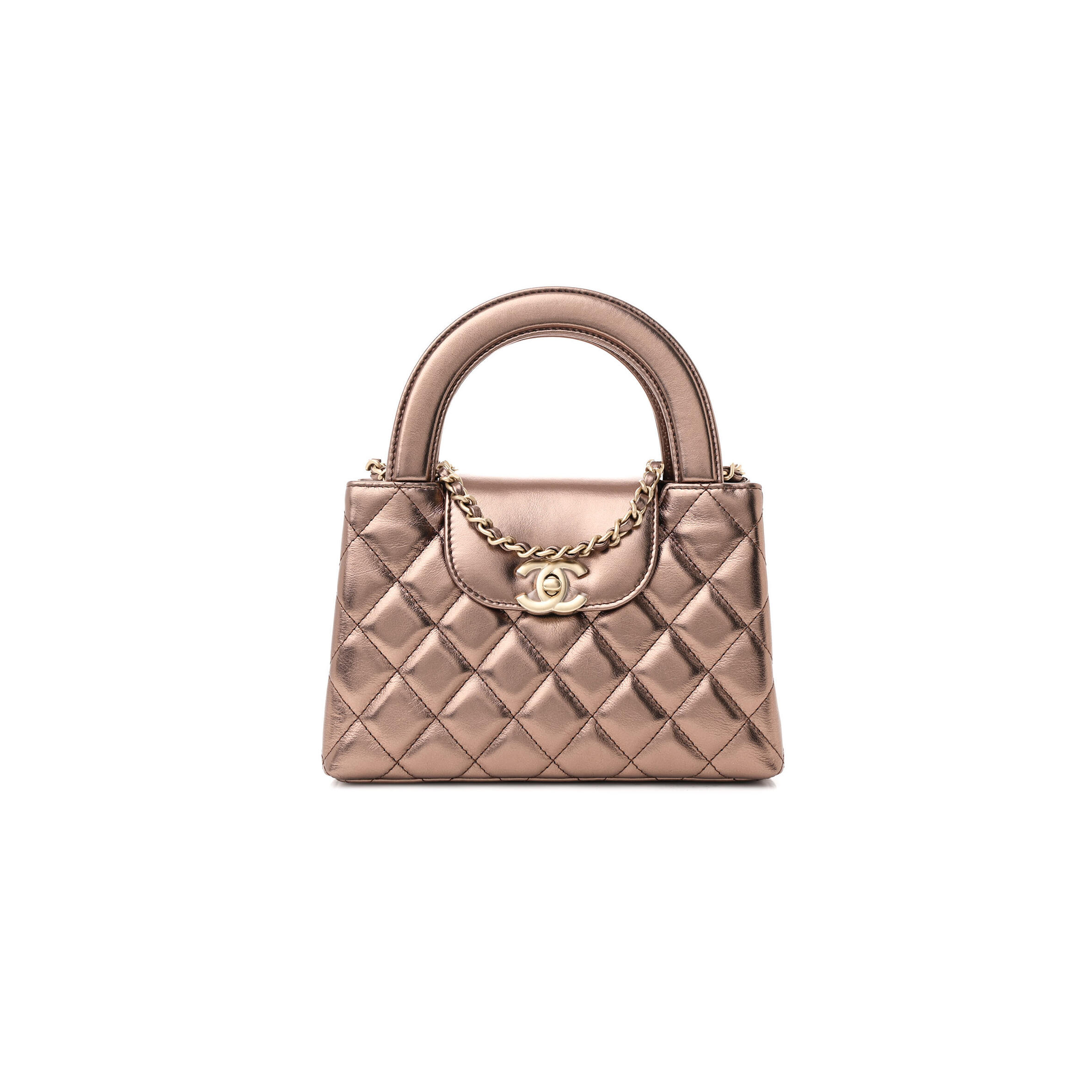Ch*el metallic aged calfskin quilted nano kelly shopper light brown (19*13*7cm)